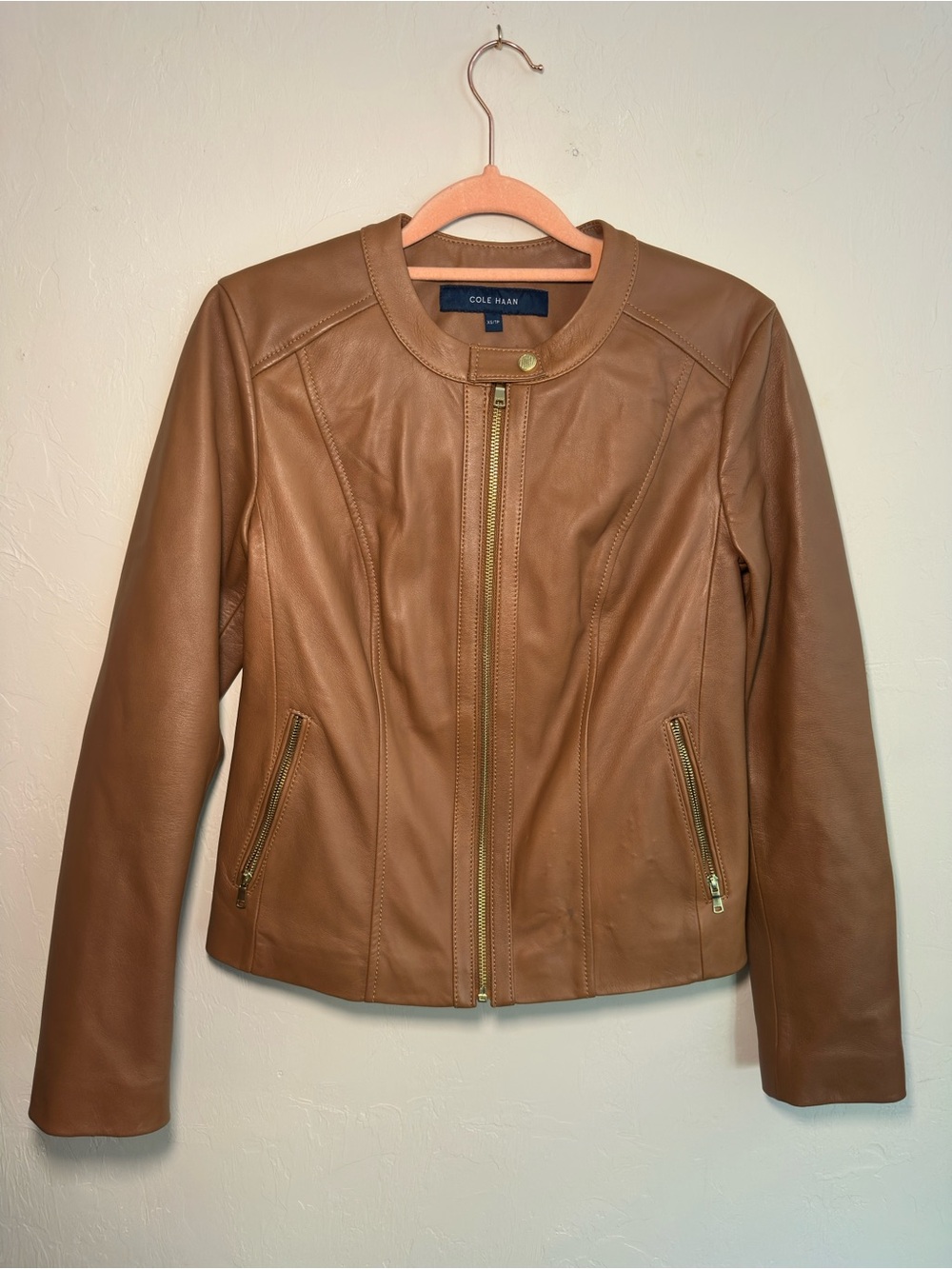 Cole Haan Women's Cognac Leather Zip Jacket